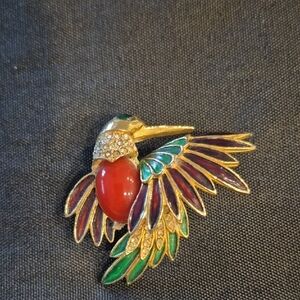 Vintage Colorful Enamel And Rhinestone Hummingbird Brooch